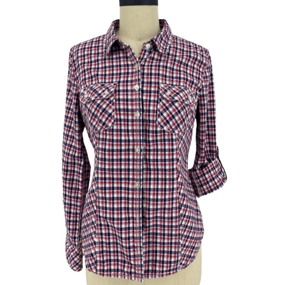 𝅺Guess fitted Roll Tab sleeves flap pocket Button Shirt SZ L